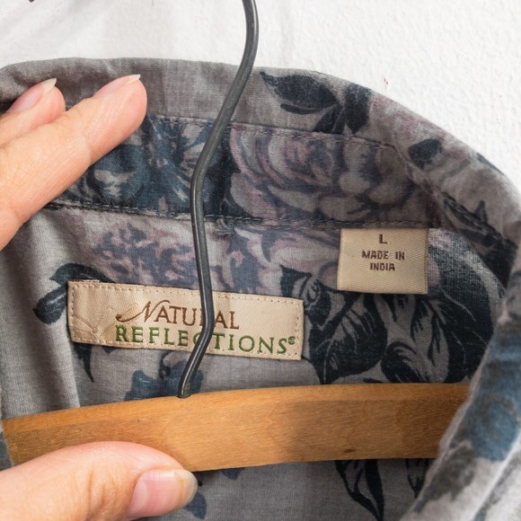 Natural Reflections Womens Floral Collared Shirt Size L Gray 100% Cotton - Picture 9 of 14